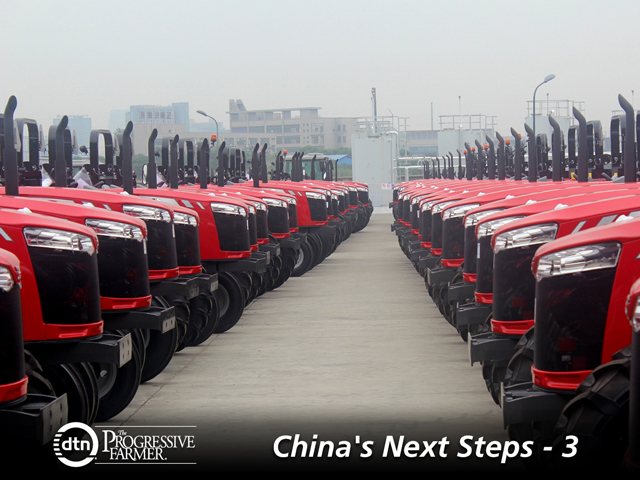 Massey Ferguson Global tractors wait outside the Changzhou, China, factory opened by AGCO in 2015. (DTN/The Progressive Farmer photo by Jim Patrico)