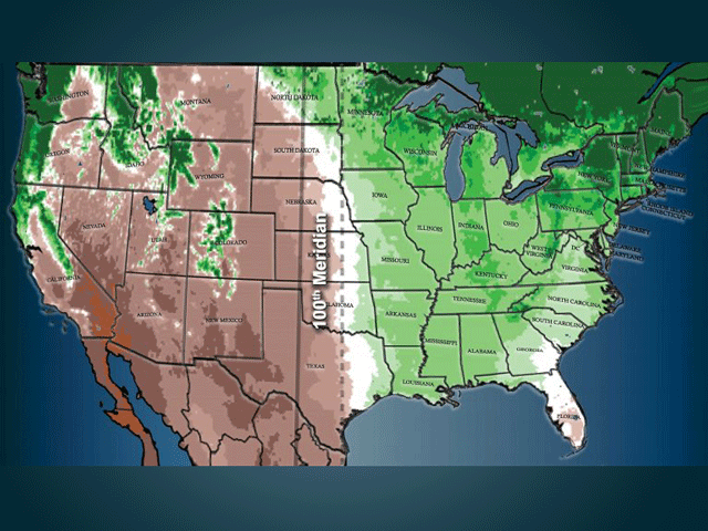 A new USDA report looks at climate impacts on corn and soybean production east of the 100th meridian line, showing more negative impacts on yield in the western states and more positive impact on eastern states. (Map courtesy of Columbia Climate School) 