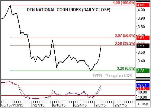 Cash corn is already testing minor resistnace. (Source: DTN ProphetX)