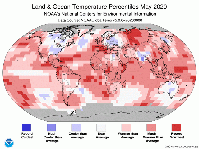North America east of the Rockies was one of the few areas with below-normal temperatures in May. (NOAA graphic)