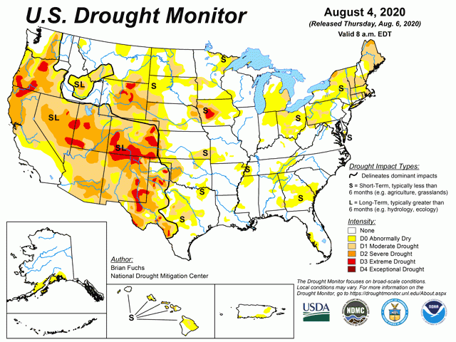 The latest U.S. Drought Monitor shows roughly 500 counties nationally meet USDA&#039;s criteria for emergency haying and grazing on Conservation Reserve Program land. USDA announced a policy change Friday involving how decisions are made for haying and grazing CRP ground, based on conditions shown on the Drought Monitor. (Map courtesy of the U.S. Drought Monitor at the University of Nebraska) 