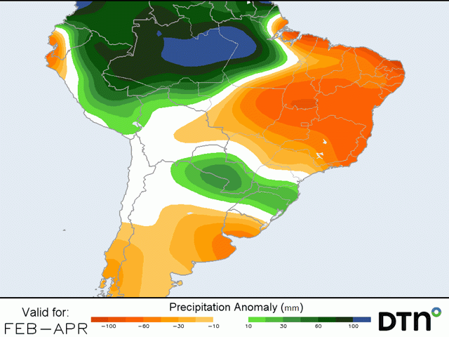 February rainfall forecast from DTN is expected to be above normal over southern Brazil, but below normal over the heavier production areas in central Brazil. Precipitation is expected to return more toward normal in central Brazil and below normal in southern Brazil by April and May. (DTN graphic)