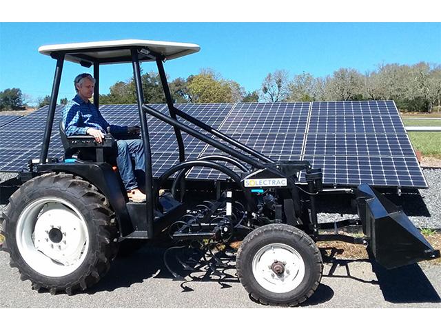 The eFarmer tractor offers four to eight hours of runtime and can be extended with optional exchangeable battery packs. It includes a front hitch for low-lift loader or reaper, a mid hitch for precision cultivation tools and a rear hitch that accepts all Category 1 (540 RPM) PTO implements. (Photo courtesy of Solectra)