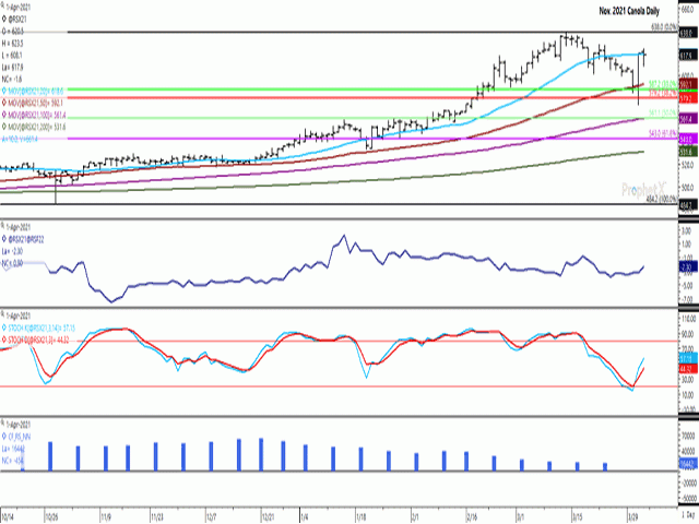The November canola chart shows a bullish outside bar formed as the result of the March 31 limit move higher with no follow-through in Thursday&#039;s trade, struggling with its 20-day moving average. The first study shows the Nov/Jan spread narrowing by $1.10/mt during the week to a modest carry of $2.30/mt. The lower study shows the noncommercial net-long futures position in a decline since December. (DTN ProphetX chart)