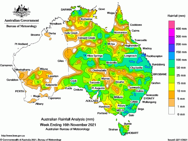 Record rain in much of central and eastern Australia in mid-November has drastically lowered wheat quality, keeping global supply of highest-grade milling wheat in short supply. (Australia Bureau of Meteorology graphic)
