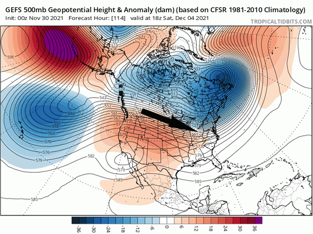 The typical storm track across North America for the next week will flow between a ridge of high pressure in the West and a trough of low pressure in the East. (Tropical Tidbits graphic)