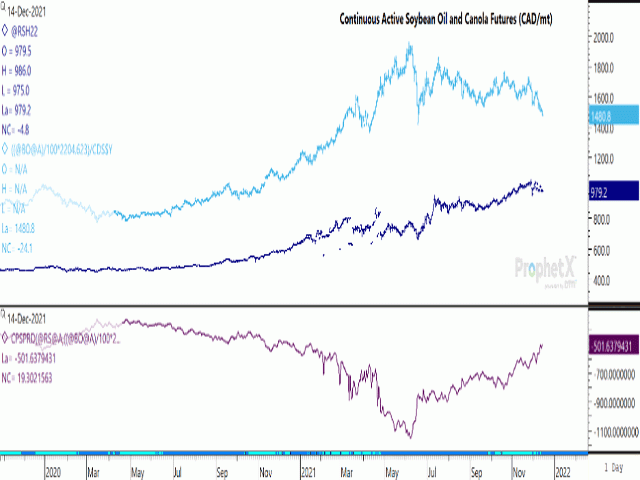 The light blue bars represent the continuous active soybean oil future, in CAD/mt, while the dark blue line represents the continuous active canola chart. The lower study shows the spread between the two narrowing, with canola showing resilience. (DTN ProphetX chart)