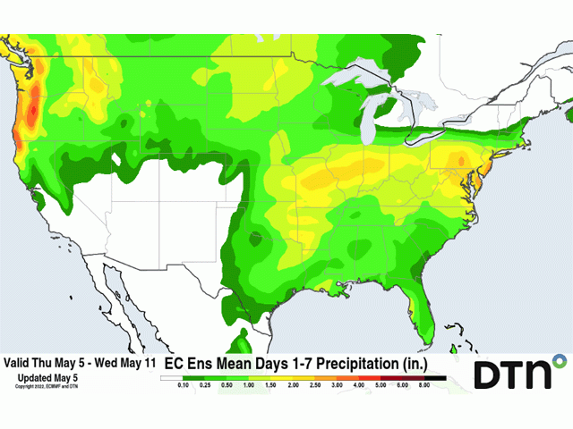The European ensemble forecast model suggests drier conditions for the central U.S. during the second week of May. (DTN graphic)