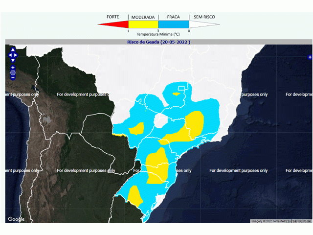 Temperatures are likely to fall below 3 Celsius (37 Fahrenheit) marked in yellow for May 20, representing the best risk for frost conditions in a cold pattern this week. (National Institute of Meteorology graphic)