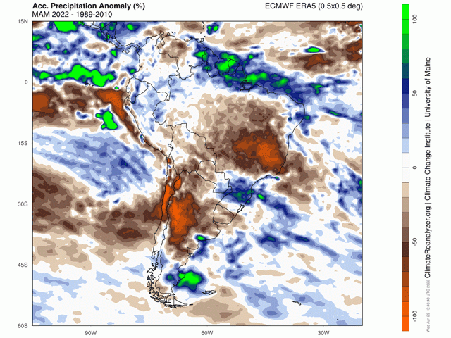 Rainfall amounts across most of South America were below normal for March through May of 2022 indicated in brown and red coloring. There was a pocket of above-normal precipitation in southern Brazil, however, indicated in blue. (Graphic made by the Climate Change Institute using ECMWF ERA5 data)