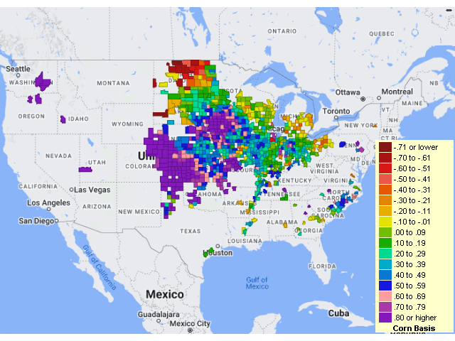 Pictured is the Aug. 26 DTN national average basis map consisting of 3,152 corn bids and showing the current basis strength. (DTN graphic)