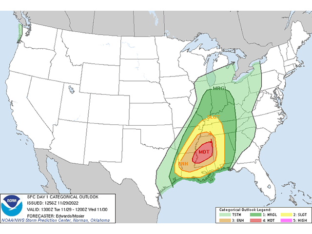 Strong to severe storms are forecast for portions of the Delta, Tennessee Valley, and Southeast on Tuesday. (NOAA/SPC graphic)