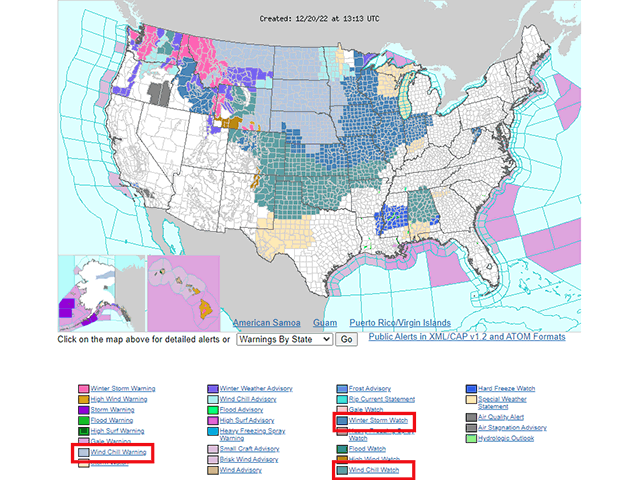 Weather hazards issued by the National Weather Service as of 8 a.m. CST Tuesday depict widespread issues with winter weather and very low wind chills for many areas of the country. These hazards will expand in the next few days. (NOAA Graphic)