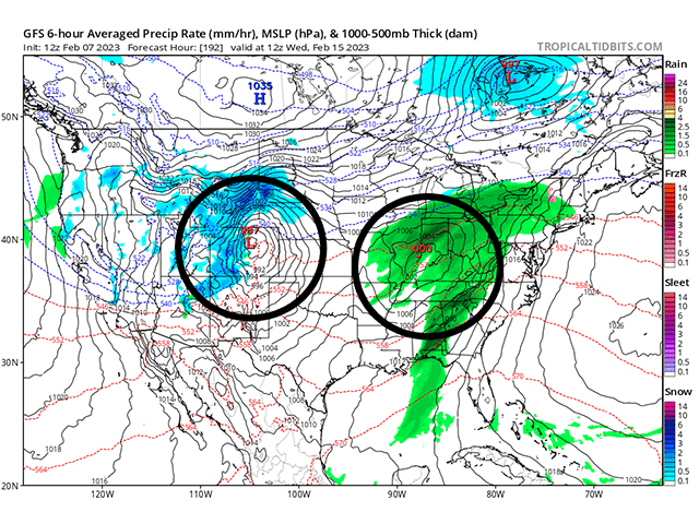 The weather pattern next week will showcase a pair of systems moving across the middle of the U.S. with cold, arctic air across Canada seeping down into the U.S. behind the second system in the Plains forecast early morning on Feb. 15. (Tropical Tidbits graphic)