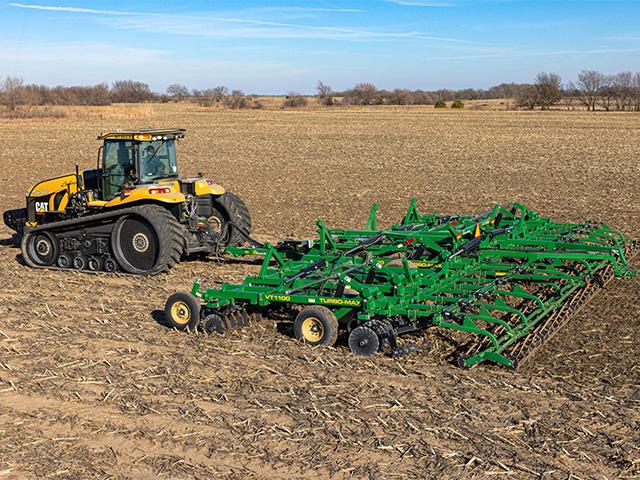 The Great Plains VT1100 vertical tillage tool features a stronger frame to support finishing attachments and heavier transport tires and axles. Producers can choose from a new chopper reel option, a new double basket attachment and 22-inch straight turbo blades. (Photo courtesy of Great Plains)