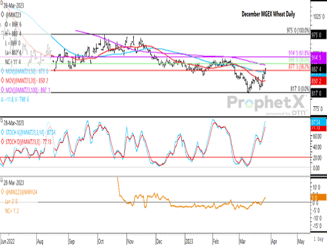 The December MGEX spring wheat contract closed higher for a fourth session, breaching the contract&#039;s 20-day moving average on March 24 and the 50-day on March 27. The move has also breached the 38.2% retracement of the move from the October high to the March low. The lower study shows the Dec23/March24 spread inverted for a second day. (DTN ProphetX chart)