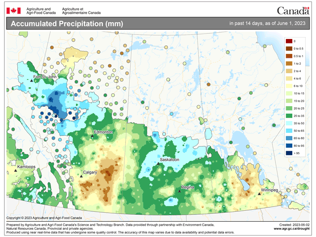 Rainfall during the last two weeks has been heavy in parts of northwest Alberta and across Saskatchewan into western Manitoba. Not all areas have been hit equally, and others have missed out. (Agriculture and Agri-Food Canada graphic)