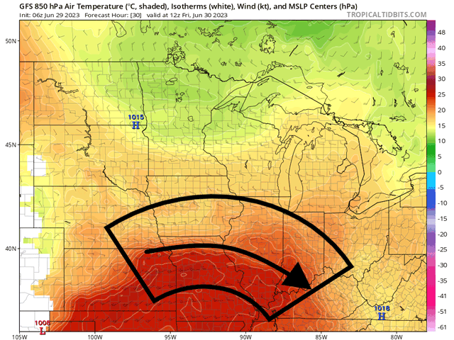 Thunderstorm clusters will ride along the rim of a heat ridge in the South-Central U.S. for the next few days. This path is general and not the actual path of all disturbances. (Tropical Tidbits graphic)