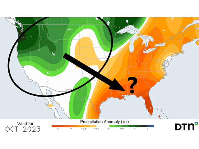 The precipitation pattern for early October features above-normal rainfall chances for the West and portions of the Plains. Could that shift to the South and East later in the month? (DTN graphic)