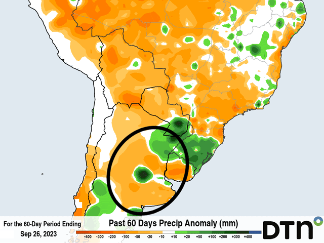 Rainfall during the last 60 days has been largely below normal in Argentina. Soil moisture continues to be low as planting progresses. (DTN graphic)