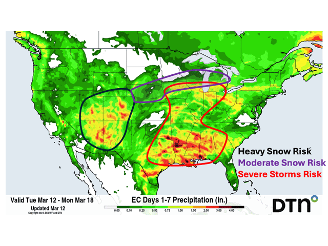 Widespread rainfall is expected with another spring storm this week. This will also include a risk of severe weather and snow. (DTN graphic)