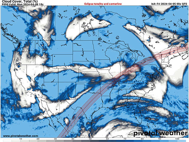 Cloud cover for the path of totality of Monday&#039;s total eclipse will feature a mix of thick clouds, high wispy clouds, and clear skies. But these may change during the coming days. (Pivotal Weather graphic) 