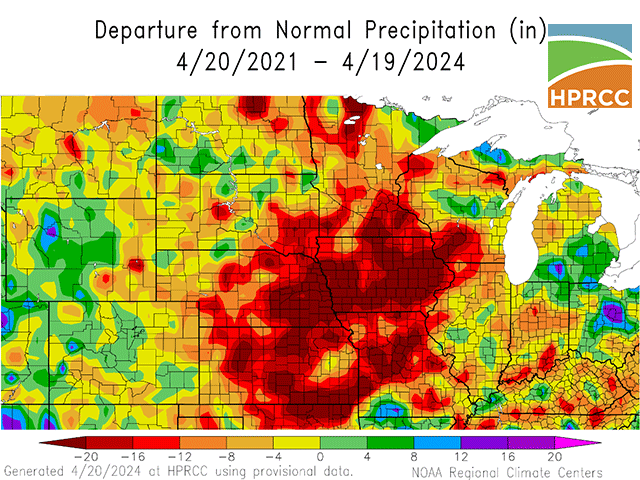 Most of the Western Corn Belt has three-year precipitation totals 20 or more inches below normal, indicating a lack of moisture through the soil profile. (High Plains Regional Climate Center graphic)