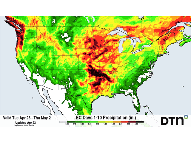 Heavy rainfall is forecast for large areas of the Plains and Midwest going into early May. (DTN graphic) 