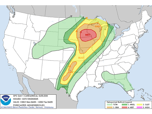 A moderate risk of severe weather is forecast for portions of the Upper Midwest on Monday, April 28. (SPC graphic)