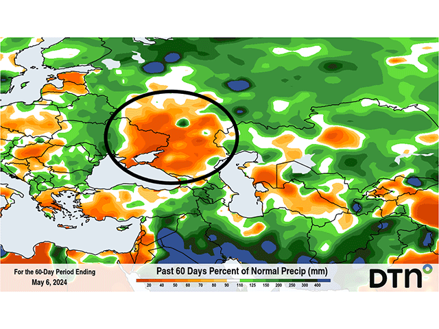 Rainfall over the last two months in the Black Sea Region -- especially eastern Ukraine and southwestern Russia -- has been well below normal. (DTN graphic)