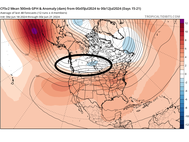 The upper-level pattern for the next three weeks keeps some semblance of a trough (circled), or active weather pattern across the Canadian Prairies through mid-July, such as this upper-level anomaly chart from the American CFS model for the week of July 5-12. (Tropical Tidbits graphic)