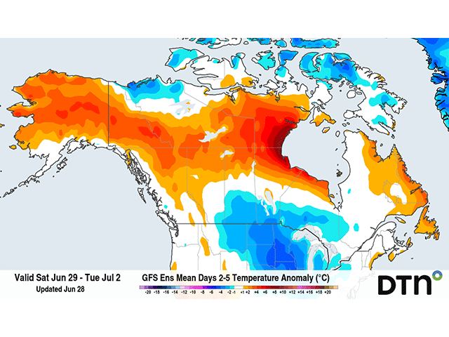 Below-normal temperatures are forecast for most of the Canadian Prairies through July 2, but are likely to continue for the rest of next week as well. (DTN graphic)