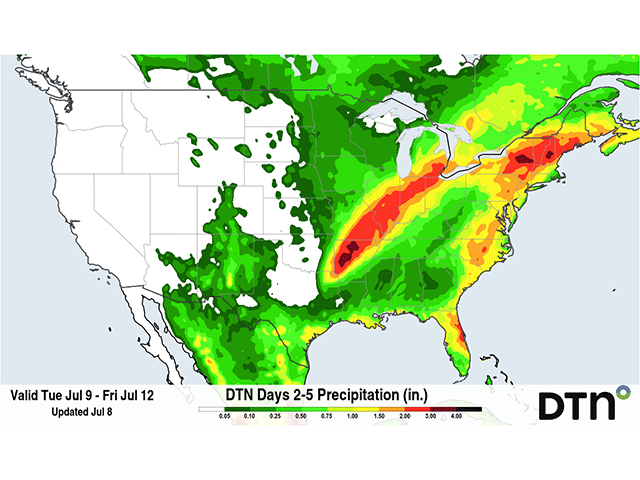 A swath of 2-4 inches of rain is possible from Arkansas to southern Michigan during the next few days as remnants of Hurricane Beryl shift northeast. (DTN graphic)