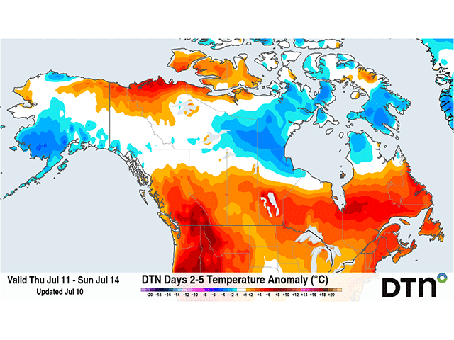 Above-average temperatures are forecast across much of the Canadian Prairies through this weekend due to an upper-air ridge. (DTN graphic)