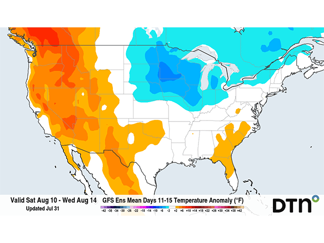 A period of mild or even cool air will be settling into the Corn Belt next week. But models do not have it lasting much beyond Aug. 14. (DTN graphic)