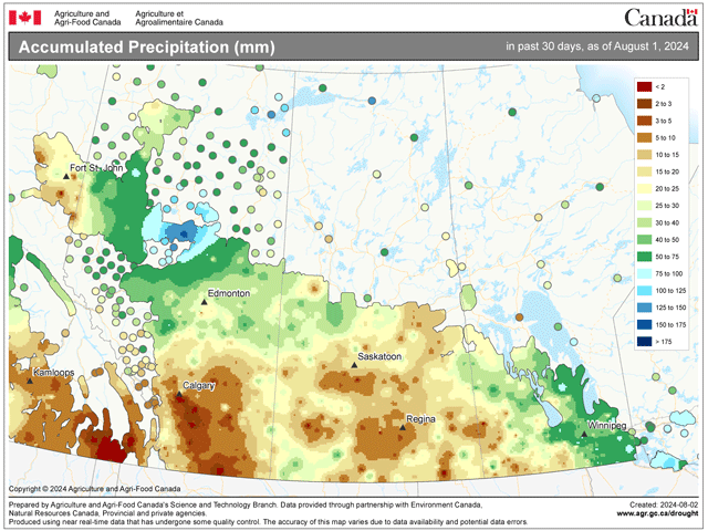 A lack of good rainfall in July has significantly reduced yield expectations for the 2024 crop. Averages for the month are about 50 millimeters, but only small sections of eastern Manitoba and around the Peace region in Alberta came close. (Agriculture and Agri-Food Canada graphic)