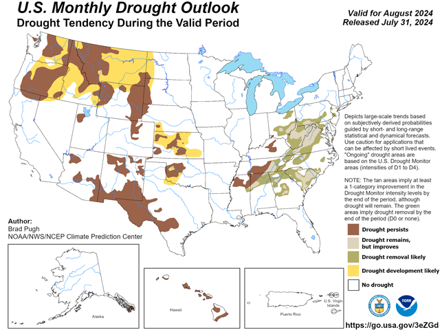 By the end of August, much of the Northern, Western and Southern Plains are expected to have drought either forming or deepening ahead of the development of La Nina this fall. (NOAA/CPC graphic)