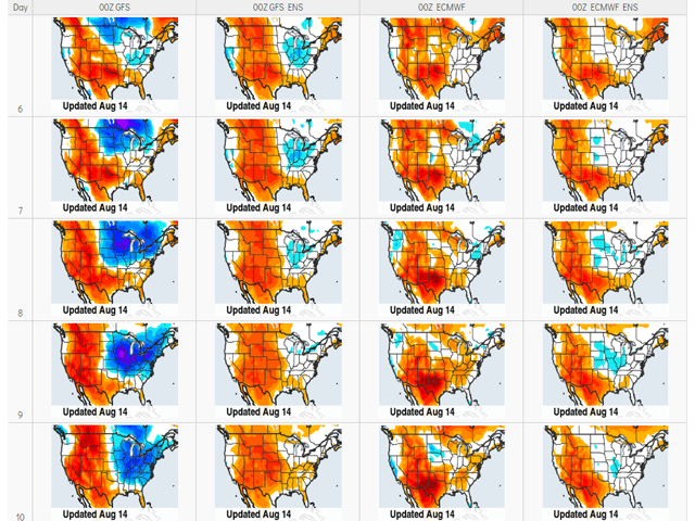 The 6- to 10-day forecasts from the GFS, GEFS, ECMWF, and EPS are markedly different, making the actual forecast a low-confidence forecast. (NOAA graphic)