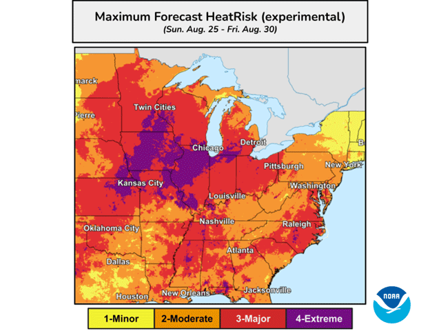 Extreme heat risk across the Midwest at the end of August also implies significant crop stress due to daily maximum heat indices of 105-115 degrees Fahrenheit. (NOAA Weather Prediction Center graphic)