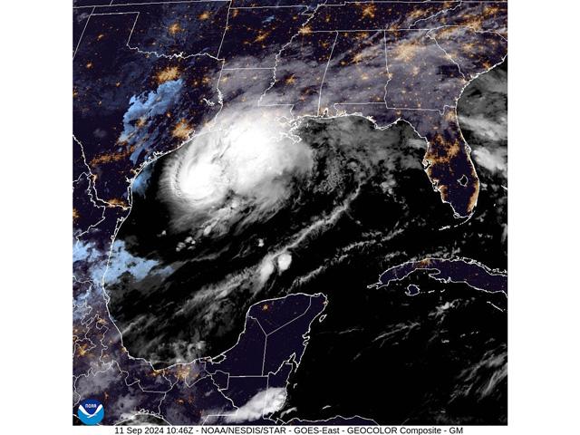 Satellite imagery shows Hurricane Francine as a broad swirl of clouds rotating counterclockwise in the northeast Gulf of Mexico early Wednesday morning. (NOAA graphic)