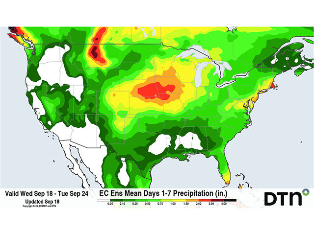 An ensemble of European model runs, the EPS, suggests that Nebraska, Iowa, and some surrounding areas could see some heavy rainfall during the next week. (DTN graphic)