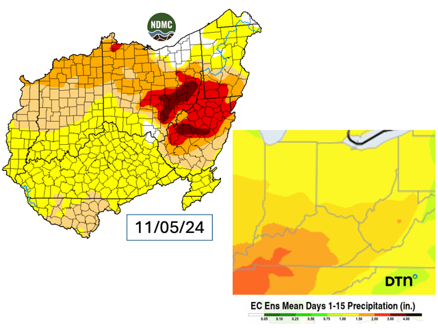 Almost the entire Ohio Valley region is in some phase of drought. Rainfall forecasts through mid-November indicate moderate to heavy amounts in the lower Ohio Valley, but limited moisture in the extreme drought areas of the upper Ohio Valley. (Drought Monitor and DTN graphics)