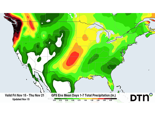The forecast from the GFS Ensemble indicates a big swath of precipitation from the Southern Plains to the Midwest, with scattered showers elsewhere. Models still disagree on some of the details. (DTN graphic)