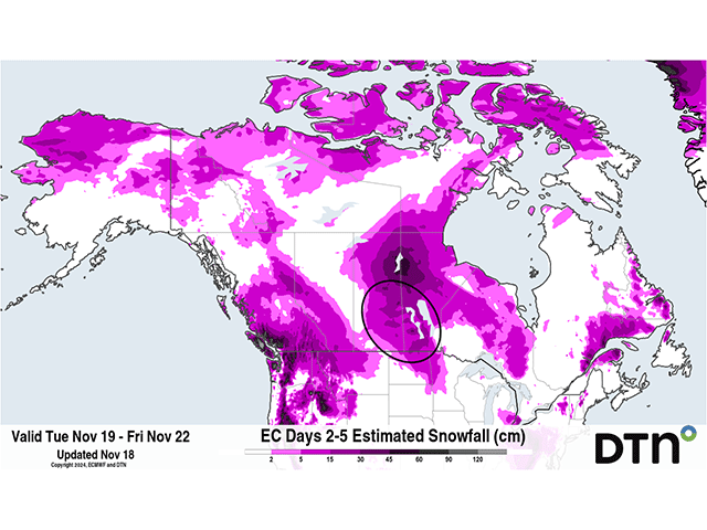 Saskatchewan and Manitoba (circled) during the next couple of days. Strong winds may cause blizzard conditions at times. (DTN graphic)