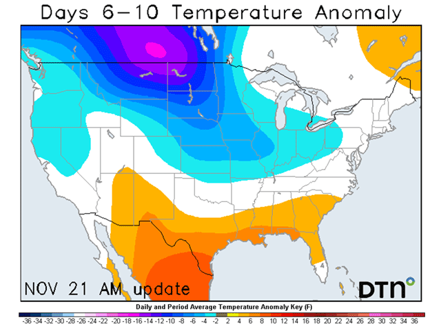 Below-average temperatures will arrive for the last week of November into early December across the Northern Plains and Upper Midwest. (DTN graphic)
