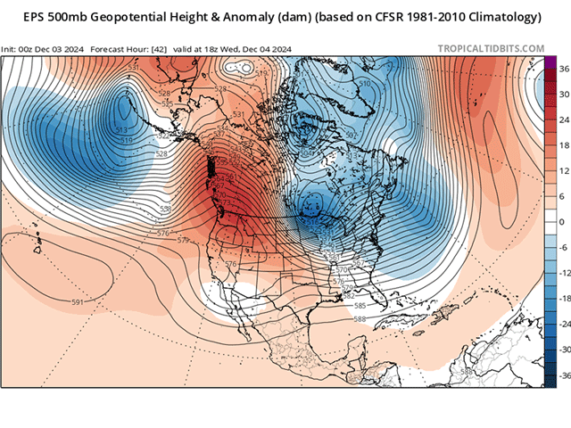 Arctic, cold air has descended east of the Rockies due to an upper-level trough that has settled over eastern North America (in blue). We&#039;ll see some changes to this picture during the next couple of days. (Tropicaltidbits.com graphic)