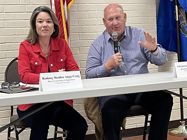 Rep. Angie Craig, D-Minn., the new ranking member on the House Agriculture Committee, joins Chairman Glenn GT Thompson at a public listening session at the Pennsylvania Farm Show in Harrisburg, Pa., on Saturday afternoon. (Photo courtesy of Charles de Bourbon/The Hagstrom Report)