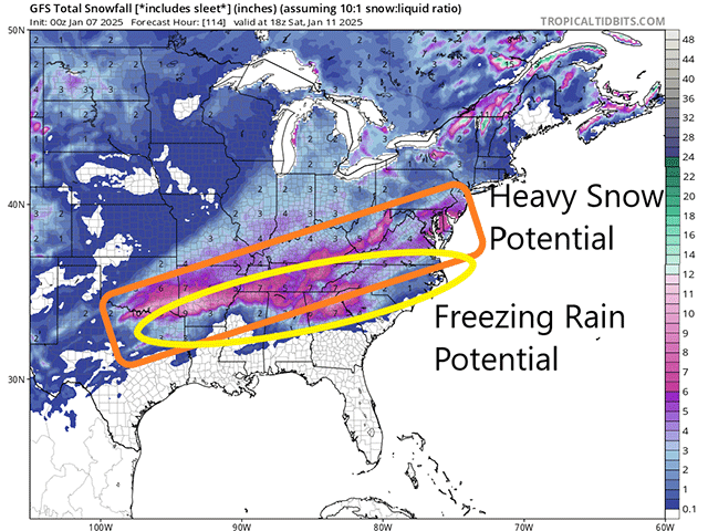 Heavy snow and freezing rain are in the forecast again, this time from the Southern Plains to southern New England, between Jan. 9 and Jan. 11. (tropicaltidbits.com graphic)