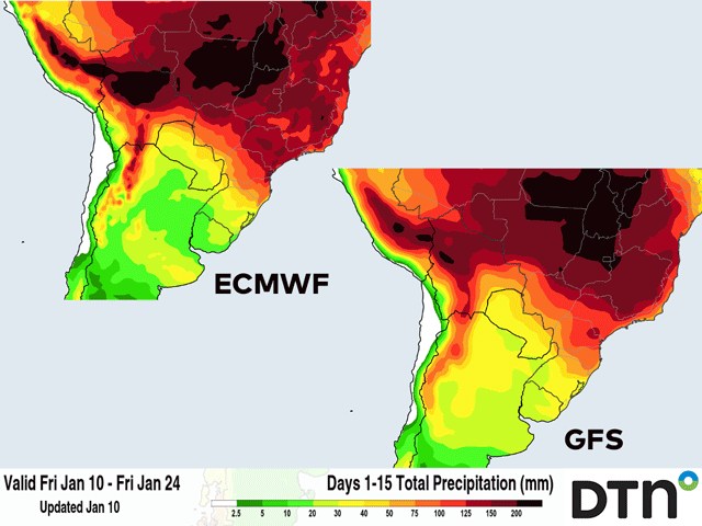 There is a big difference in the forecast rainfall amounts with a couple of fronts between the European and GFS ensemble models. (DTN graphic)