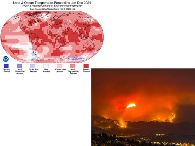 The devastating Pacific Palisades and Eaton fires in California have a strong connection to record-high global temperatures, which create a favorable scenario for strong winds to support the fires. (Getty Images photo; NOAA/NCEI graphic)